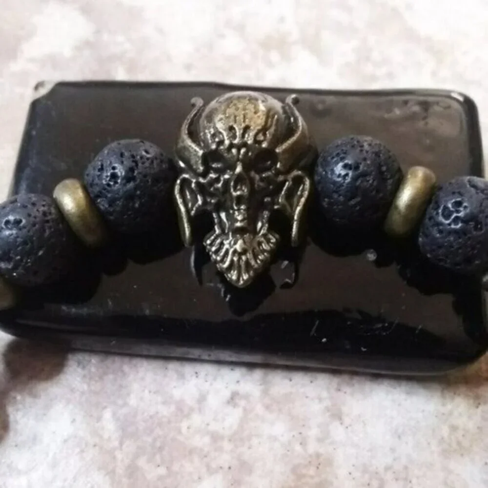 Alien Warrior Skull + Lava Rock Beads! Rugged Men's Bracelet! Biker Rocker Punk